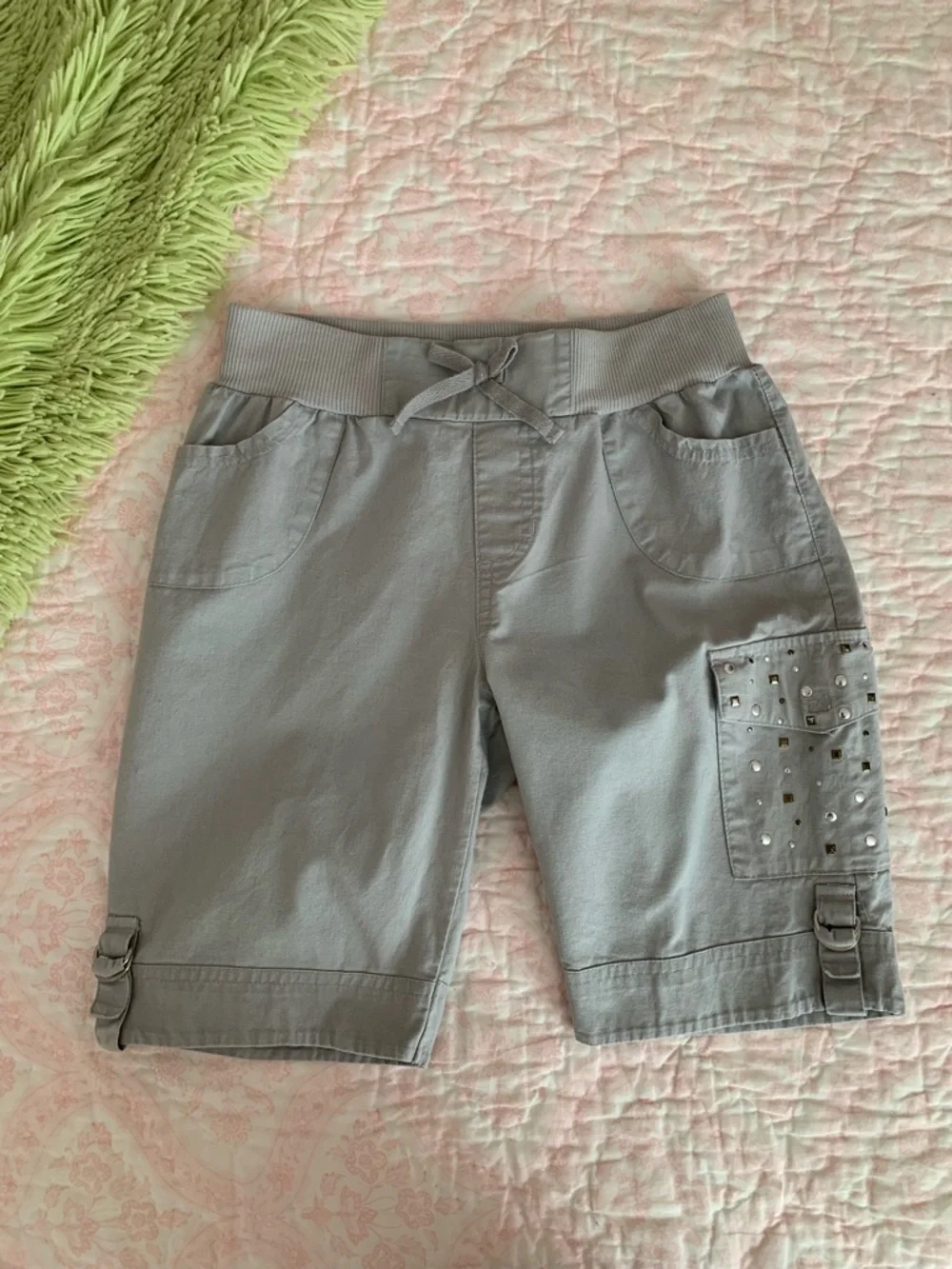 One Step Up Shorts Girl M (10-12) Gray Bermuda Twill Cargo Pocket Studs Stretchy